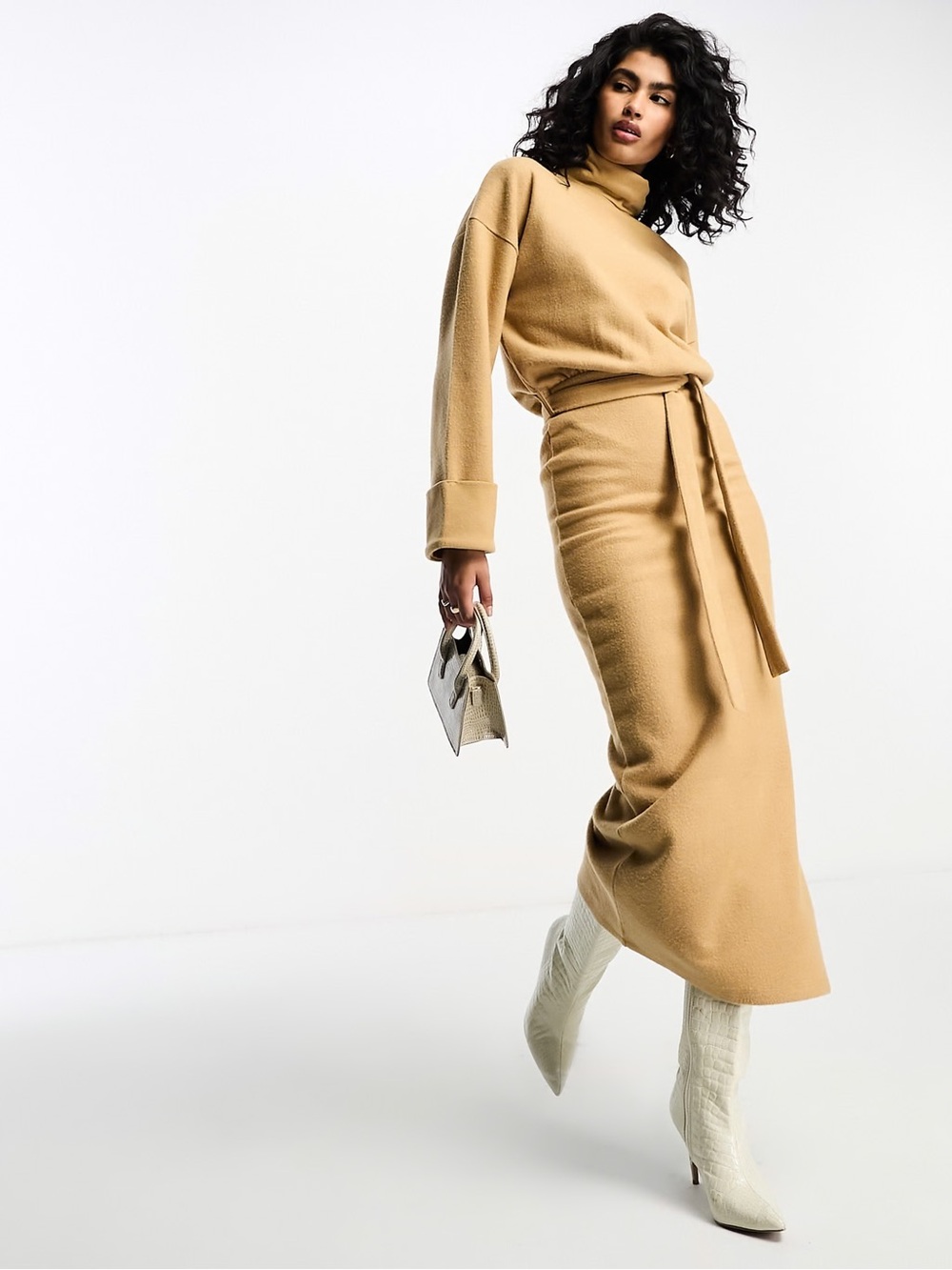 ASOS Camel Turtleneck Maxi Dress with Waist Tie